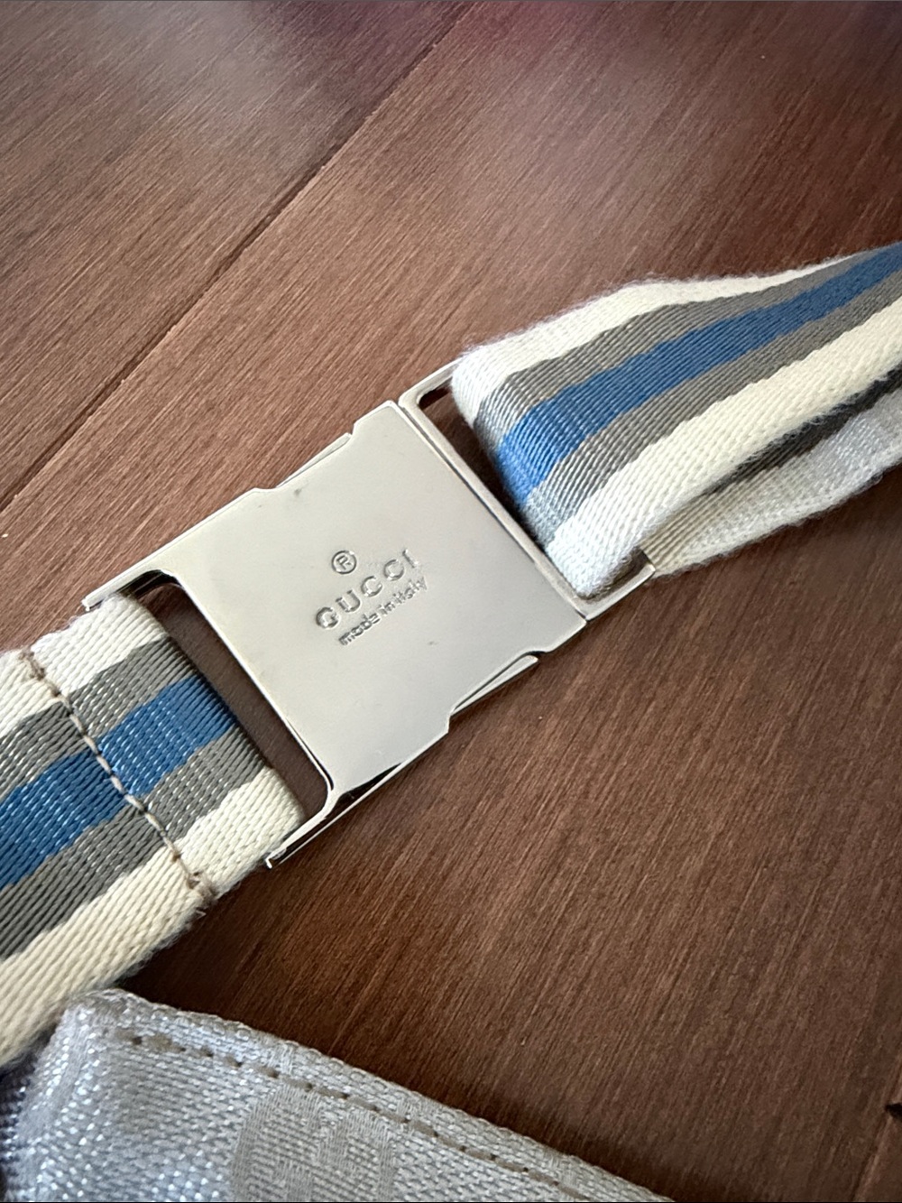 Gucci Light Gray Monogram Waist Bag with Blue-Striped Strap - Picture 5 of 5